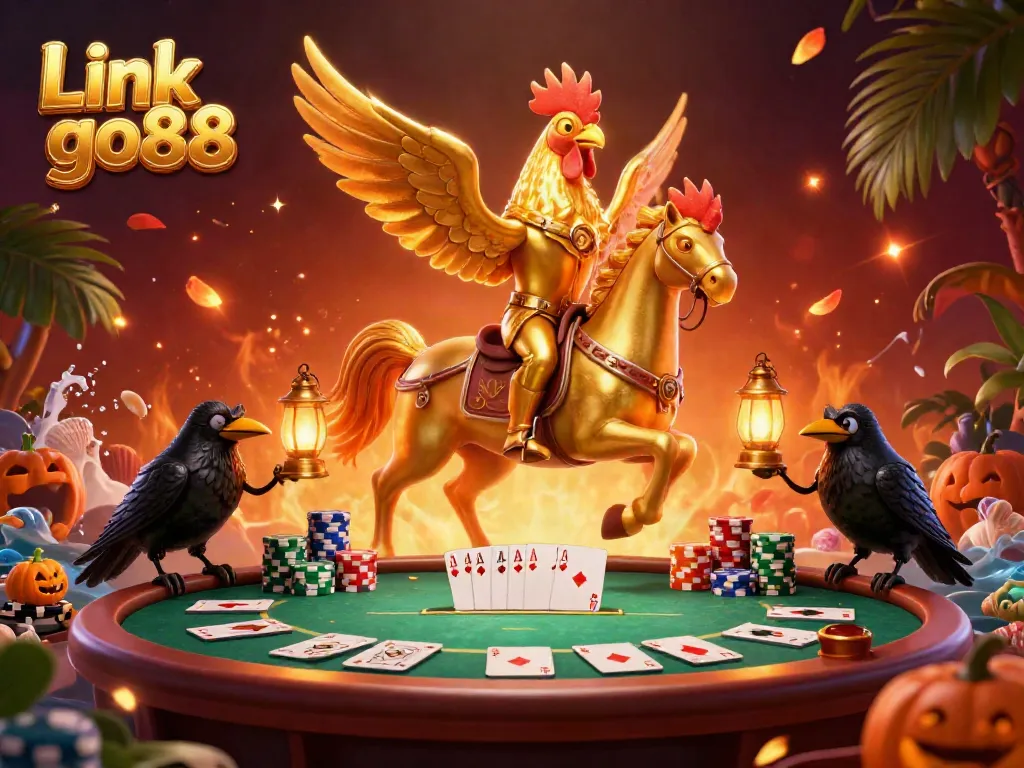 Experience the magic of Link go88 with a lively 3D illustration of a golden rooster in a casino scene.