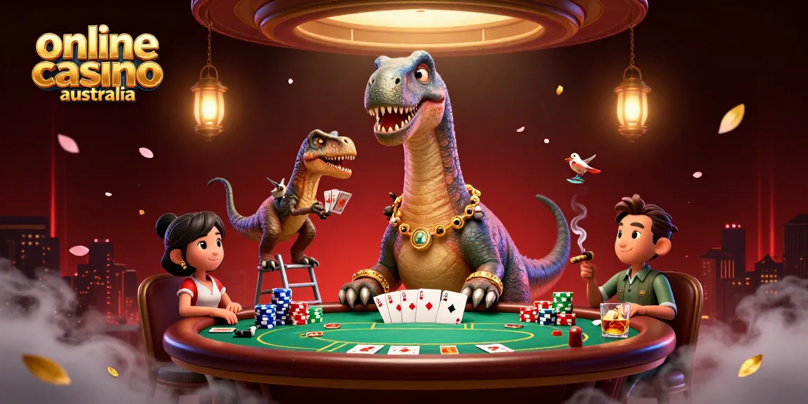 Experience thrilling action at an online casino Australia with towering characters and vibrant poker elements.