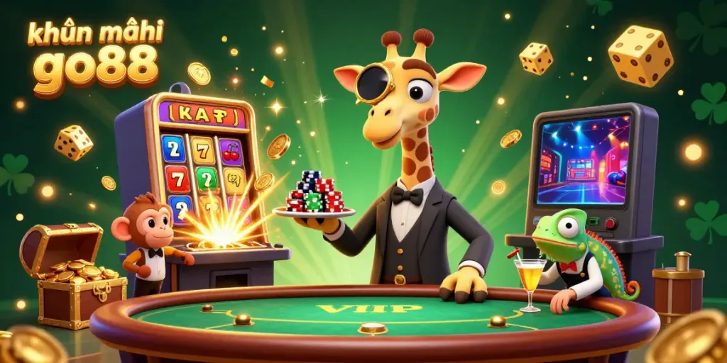Experience dynamic khuyến mãi go88 excitement with a high-roller giraffe at the poker table surrounded by casino elements.