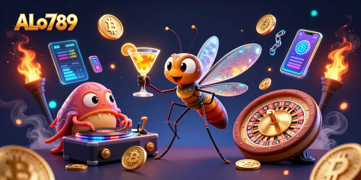 Experience ALo789's vibrant gambling scene with a lively insect mascot and DJ.