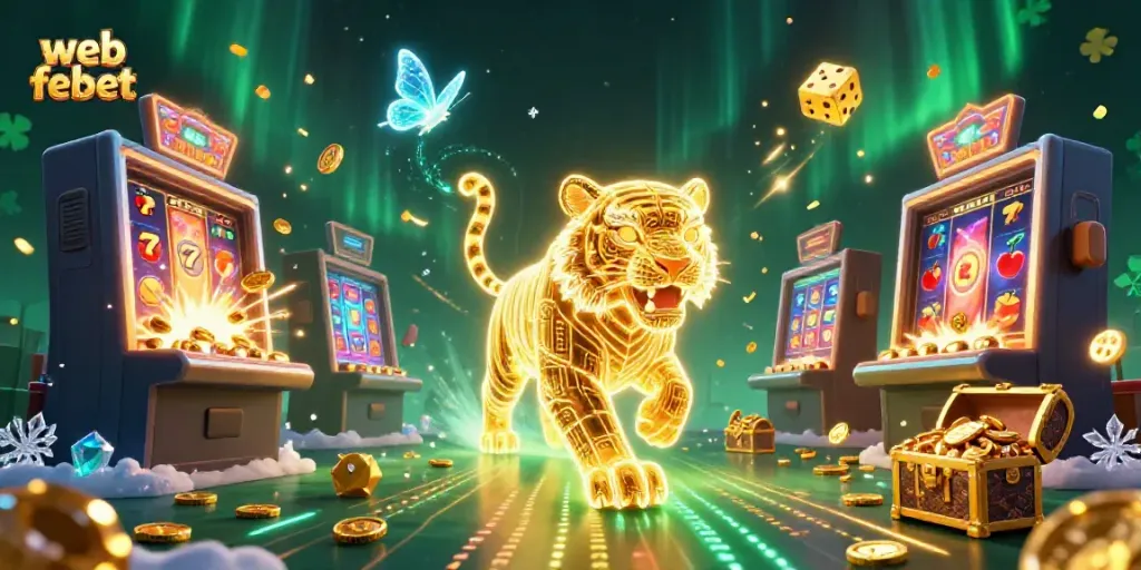 Experience the excitement of web febet with a dazzling casino scene featuring a glowing tiger amidst jackpot symbols and vibrant digital elements.