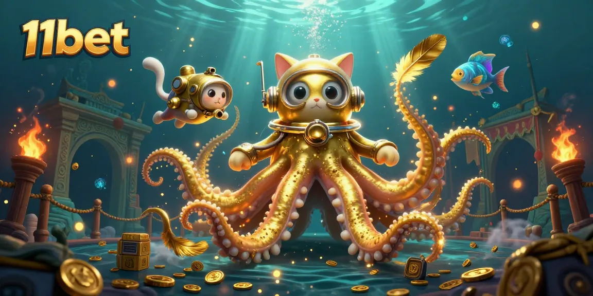 Experience thrilling gameplay with 11bet's vibrant casino atmosphere featuring a kraken and diving cat.