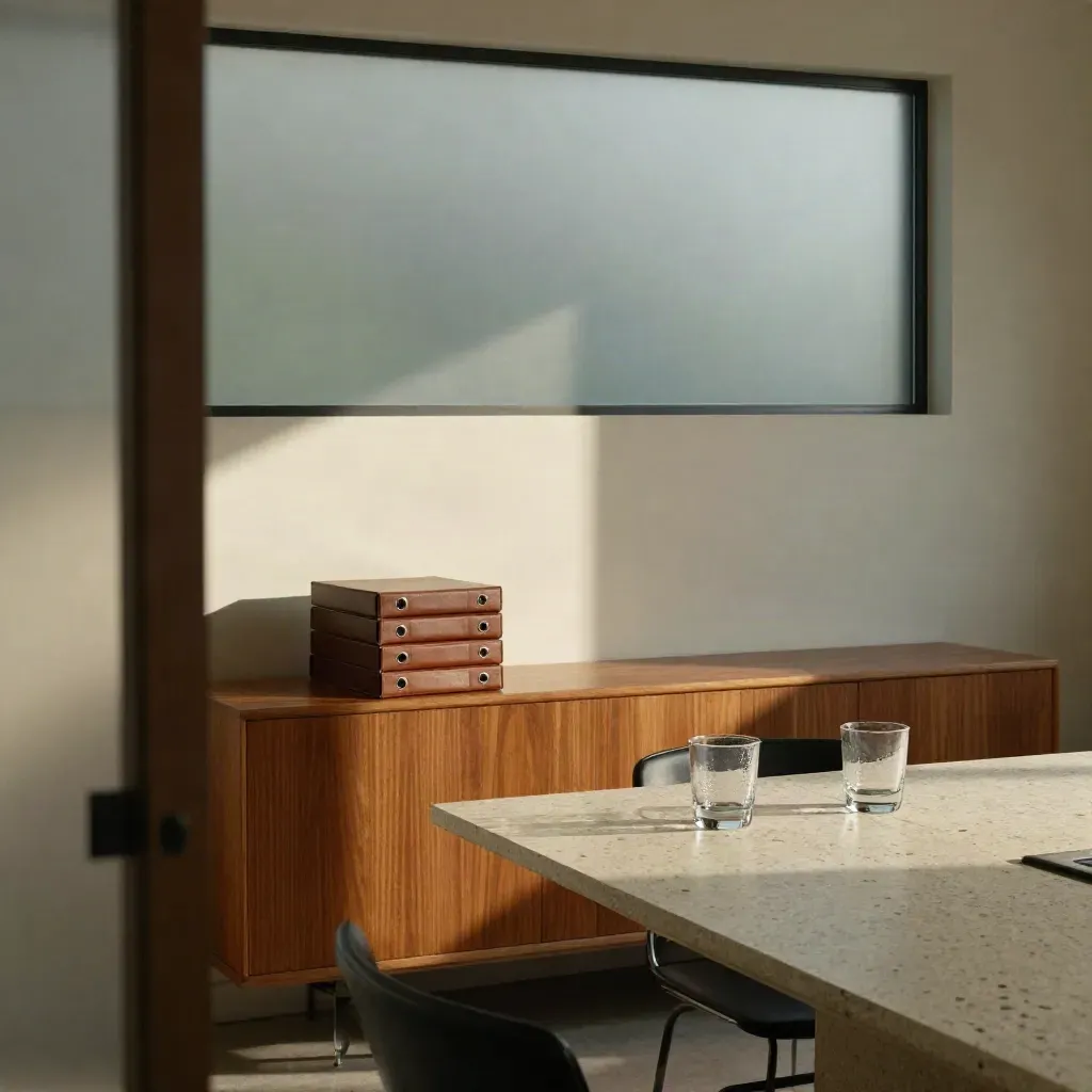 Compacte boardroom met leren binders, glazen tumblers en een teal accent, klaar voor overleg.