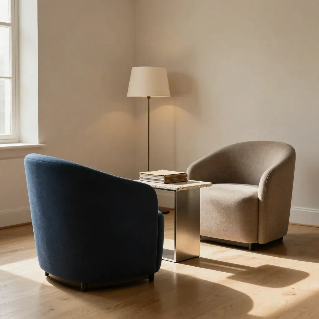 Stille mediationruimte met twee fauteuils, lamp en gesloten dossiers in zacht daglicht.