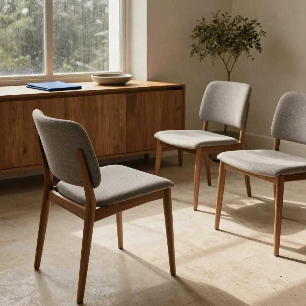 Lege mediatiekamer met stoelen, map op dressoir en plant bij raamlicht
