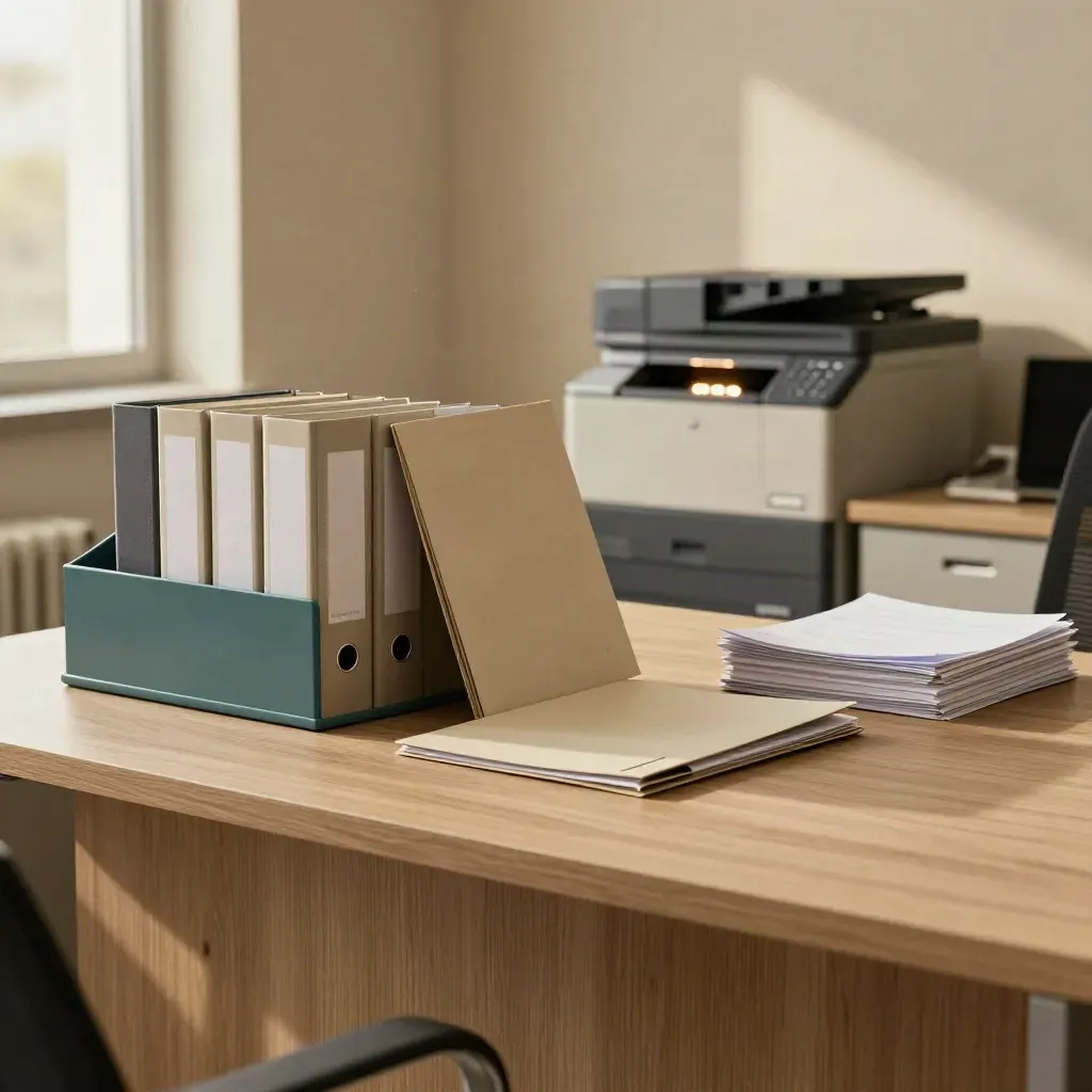 Compact MKB-kantoor met archiefbinders, schone werkplek en stilstaande machine in zacht licht