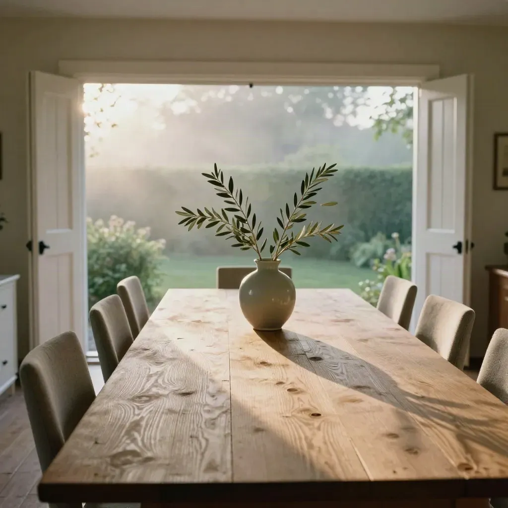 Familietafel klaar voor gesprek met vaas, stoelen en open shutters naar de tuin.