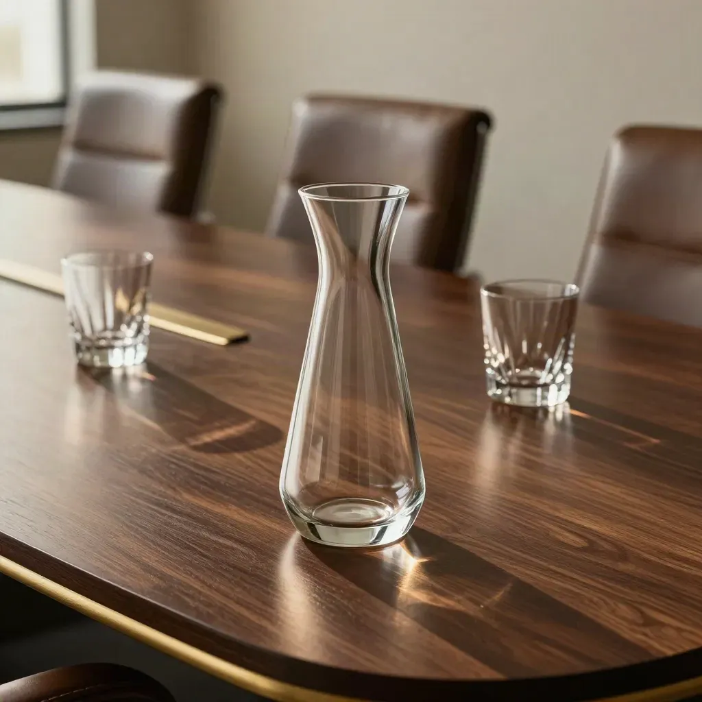 Lege boardroom met karaf, uitgelijnde stoelen en koel licht over een donkere tafel.