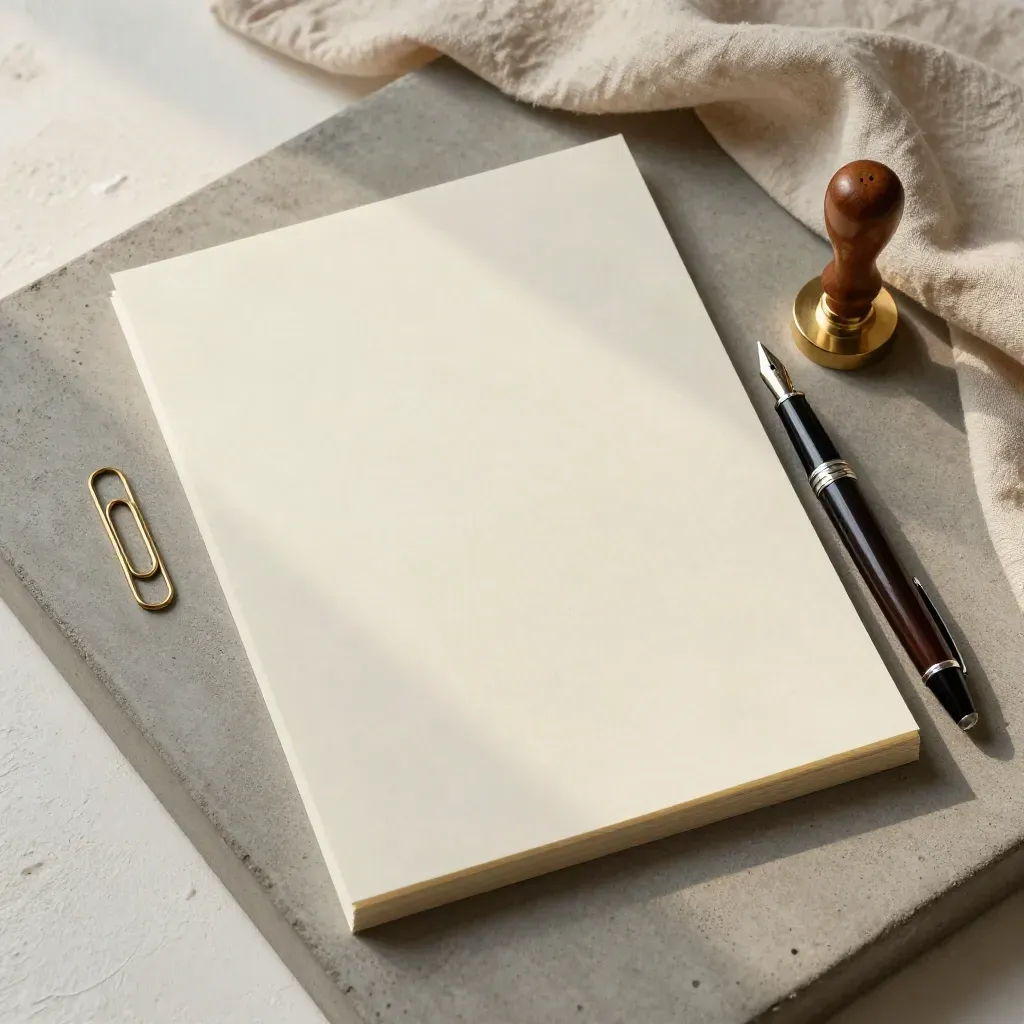 Bovenaanzicht van folio, vulpen, lakstempel en paperclip op een stenen tray.