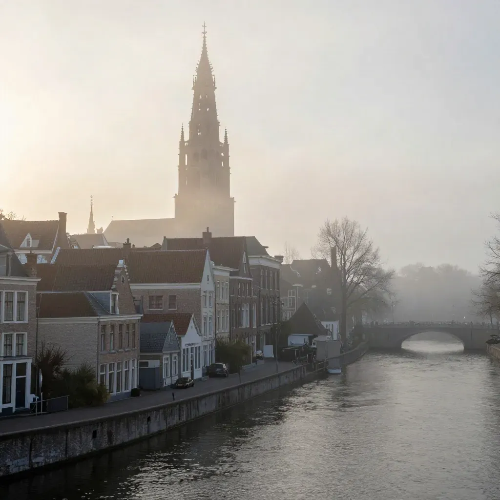 Domtoren boven mistige grachten van Utrecht bij dageraad, met rustige open ruimte onderin.
