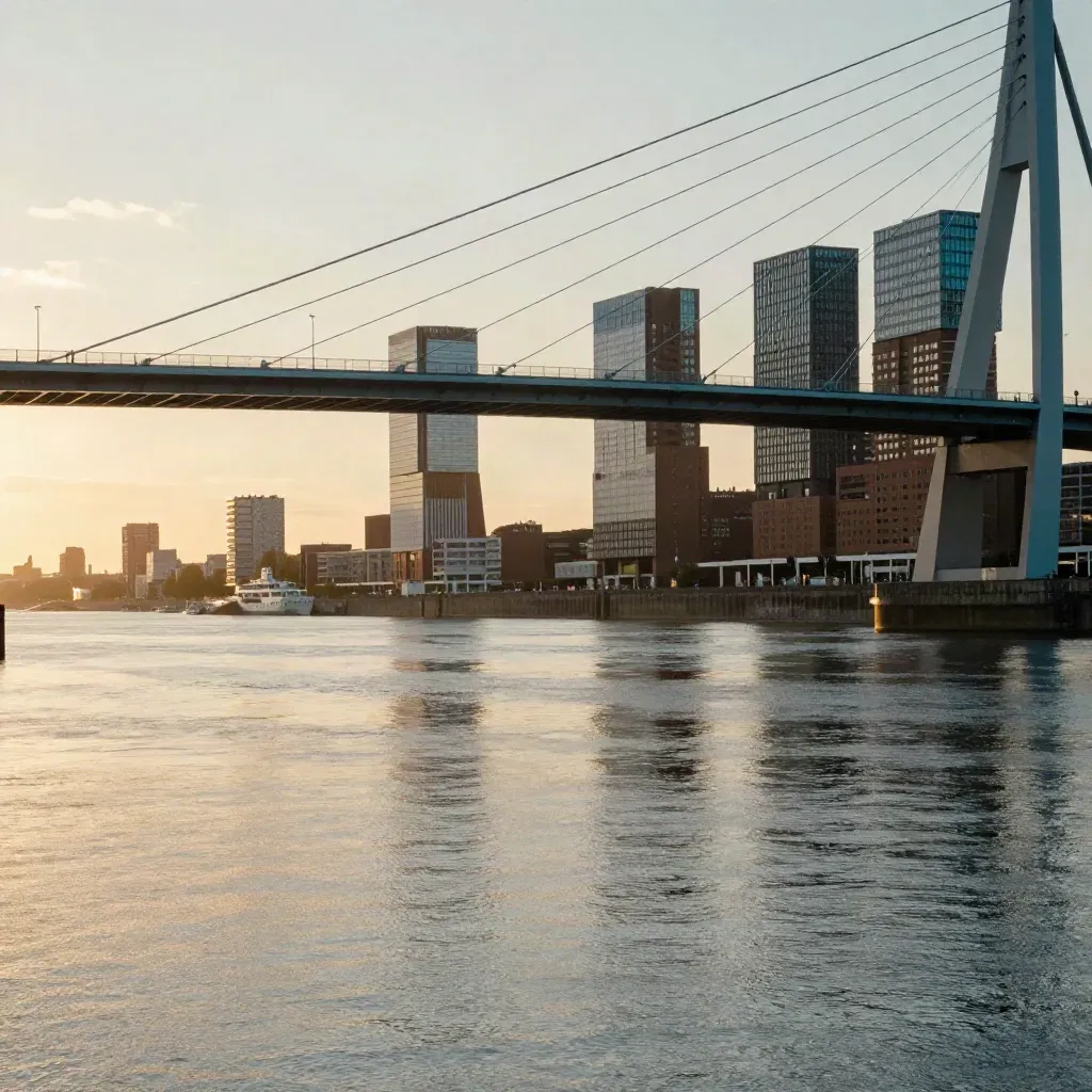 Erasmusbrug en Rotterdamse skyline in gouden avondlicht boven stil rivierwater.