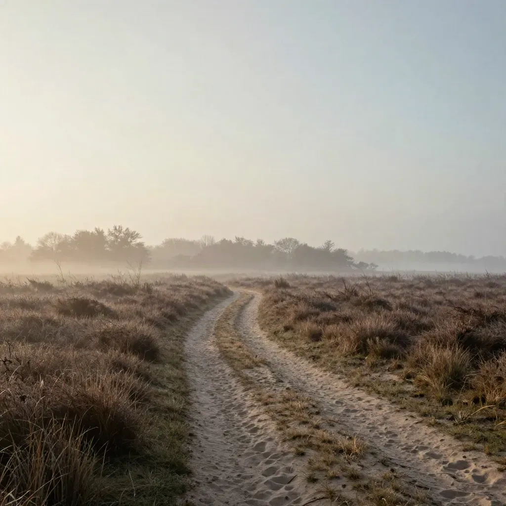 Mistige Veluwe-heide met verre bomenrij en zachte ochtendgloed.