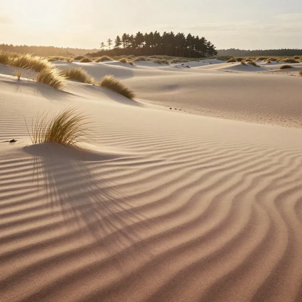 Zandduinen in Noord-Brabant met verre dennenrand en veel rustige ruimte voor tekst