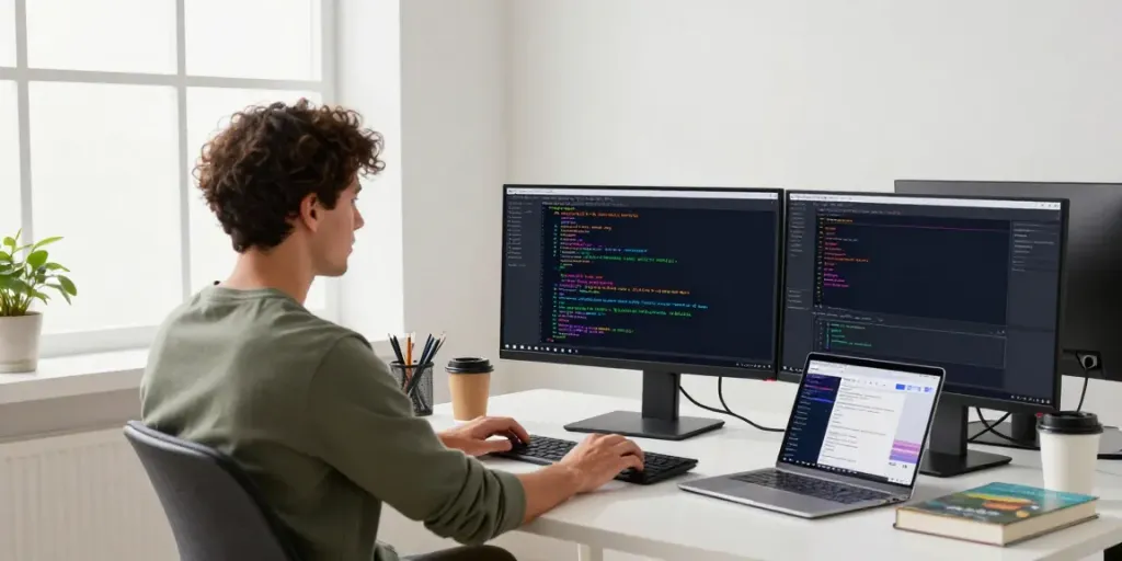 Pikashow APK development workspace with developer coding, showcasing vibrant tech environment.