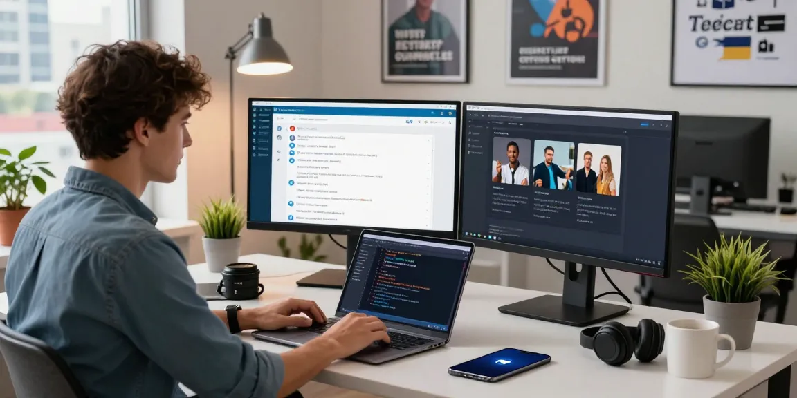 Using the Telegram Web Version on dual monitors for seamless messaging and collaboration in a modern office.