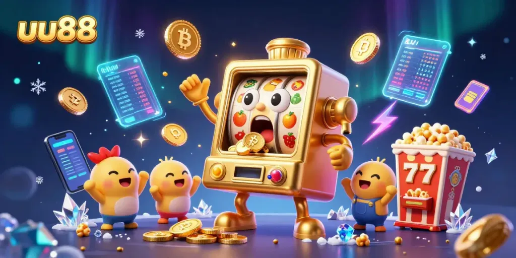 Spin the lucky slot machine with uu88, celebrating a jackpot win amidst crypto coins and vibrant casino elements.