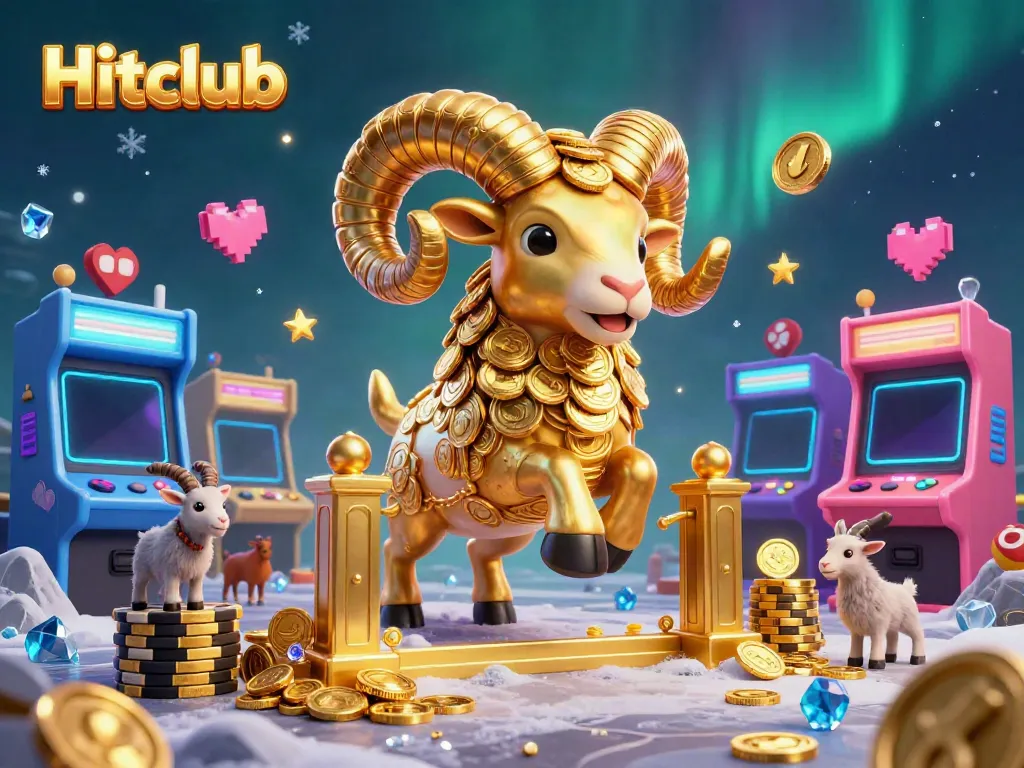 Experience Hitclub's thrilling gaming adventure with a golden ram charging through a vibrant casino scene.