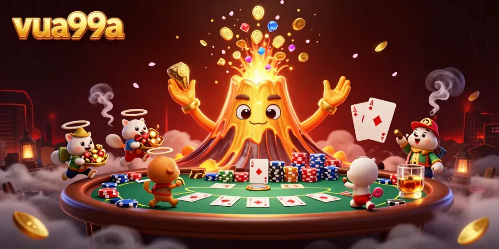 Experience the excitement of vua99a as the golden volcano erupts treasures and thrilling casino elements in a vibrant scene.