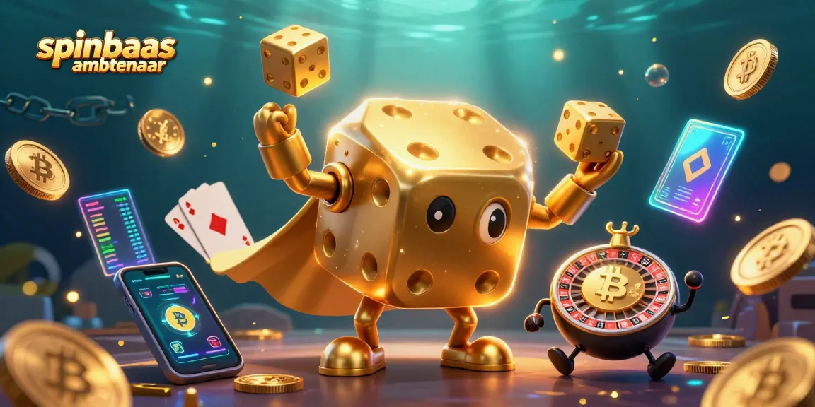 Engage with spinbaas ambtenaar in a vibrant casino scene featuring golden dice and cryptocurrencies.