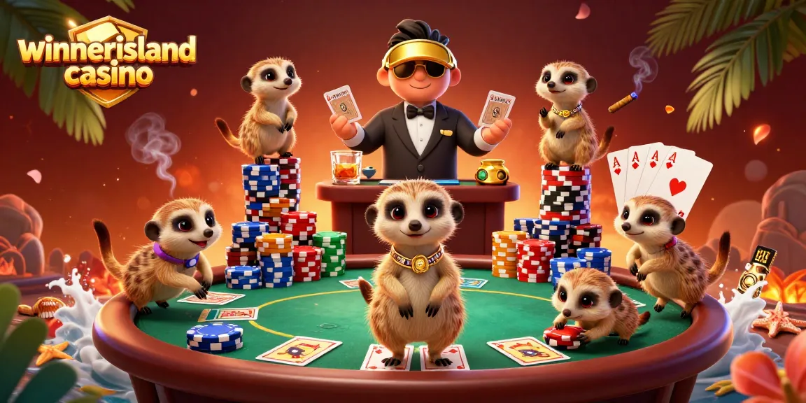 Win big at winnerisland casino with meerkats showcasing an exciting poker scene amid colorful chips and cards.