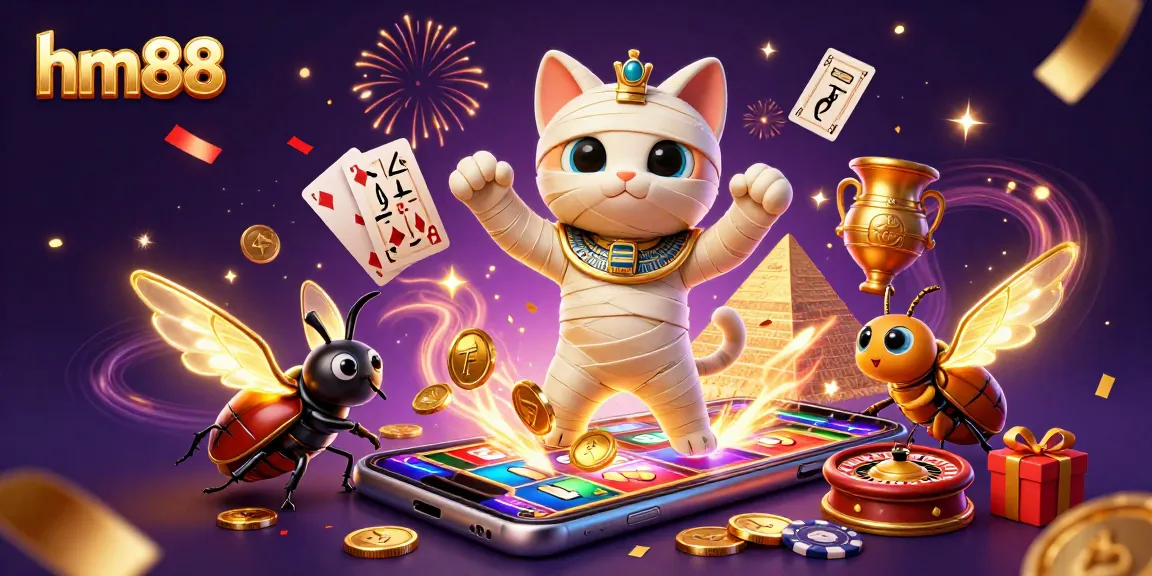 hm88 casino scene with a mummy cat and glowing scarab, surrounded by dynamic gaming elements.